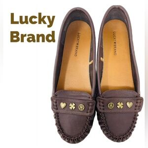 🍀Lucky Brand Brown Heart Peace Clover Moccasin Style Fashion Loafers 9 Slip-On